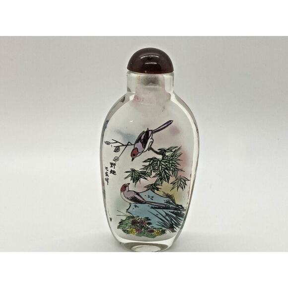 Antique Chinese Snuff Bottle Reverse Glass Painted Birds trees - Picture 3 of 12